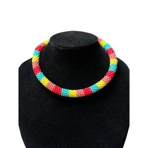 Handcrafted Multicolor Beaded Rope Necklace With Snap Closure Vibrant Red Yellow